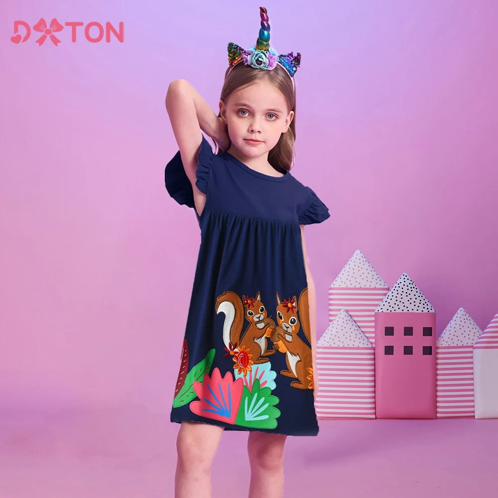 

DXTON Girl Cotton Dress Summer Toddler Clothing Squirrel Applique Children Cartoon Dresses Flying Sleeveless Kids Casual Outfit