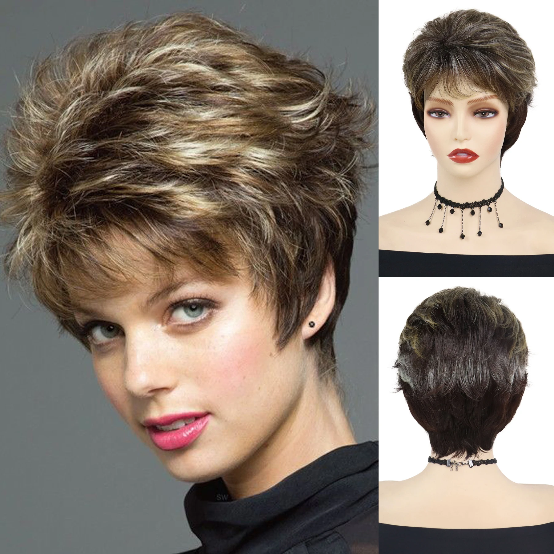 

Синтетические парики GNIMEGIL с короткой стрижкой пикси для женщин, натуральные волнистые прически, блонд с коричневыми оттенками, женский парик для повседневного использования, косплея, на каждый день