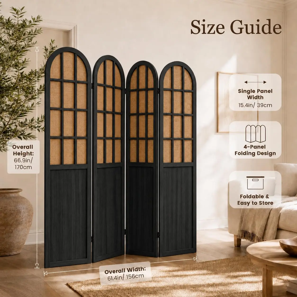 4 Panel Room Divider Privacy Screen Bamboo Wood Black