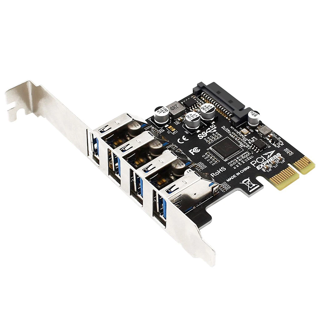 Pcie para 4 portas usb3.0 hub + sata 15pin power 5gbps pci express placa de expansão usb 3.0 controlador adaptador para 2u/4u caso desktop pc