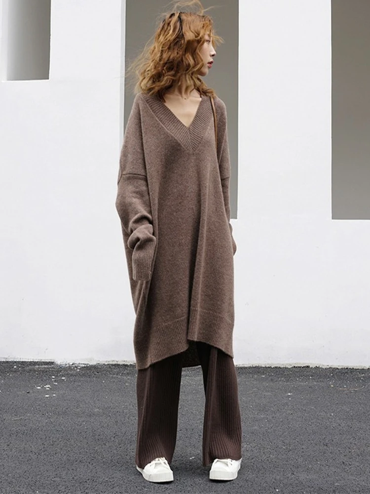 Women Dress Sweater Women Dresses Thick Winter Fall Long Sleeve Knitted Dresses Maxi Vintage Oversize Dresses Knitting V Neck