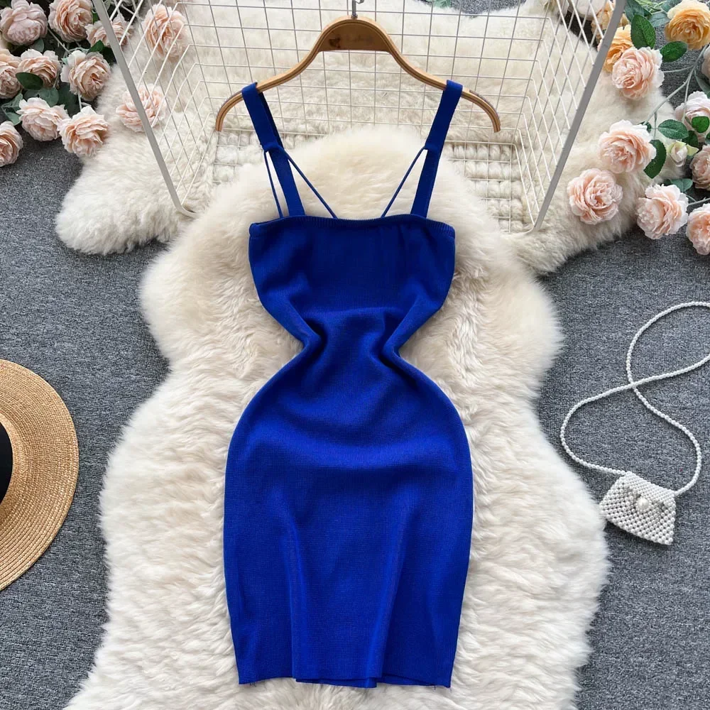 2024 Women Knitted Dress Summer Strap Elastic Waist Backless Short Sundress Ladies Streetwear Sexy Sweater Mini Dress Outfits