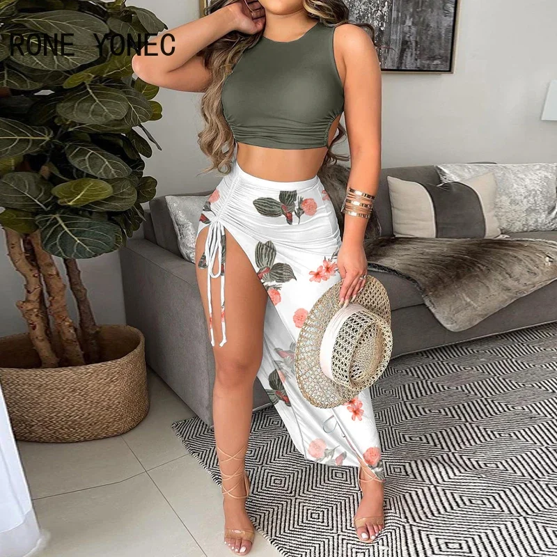 Women Drawstring Ruched Top & Floral Print High Slit Skirt Set Casual Summer Suit