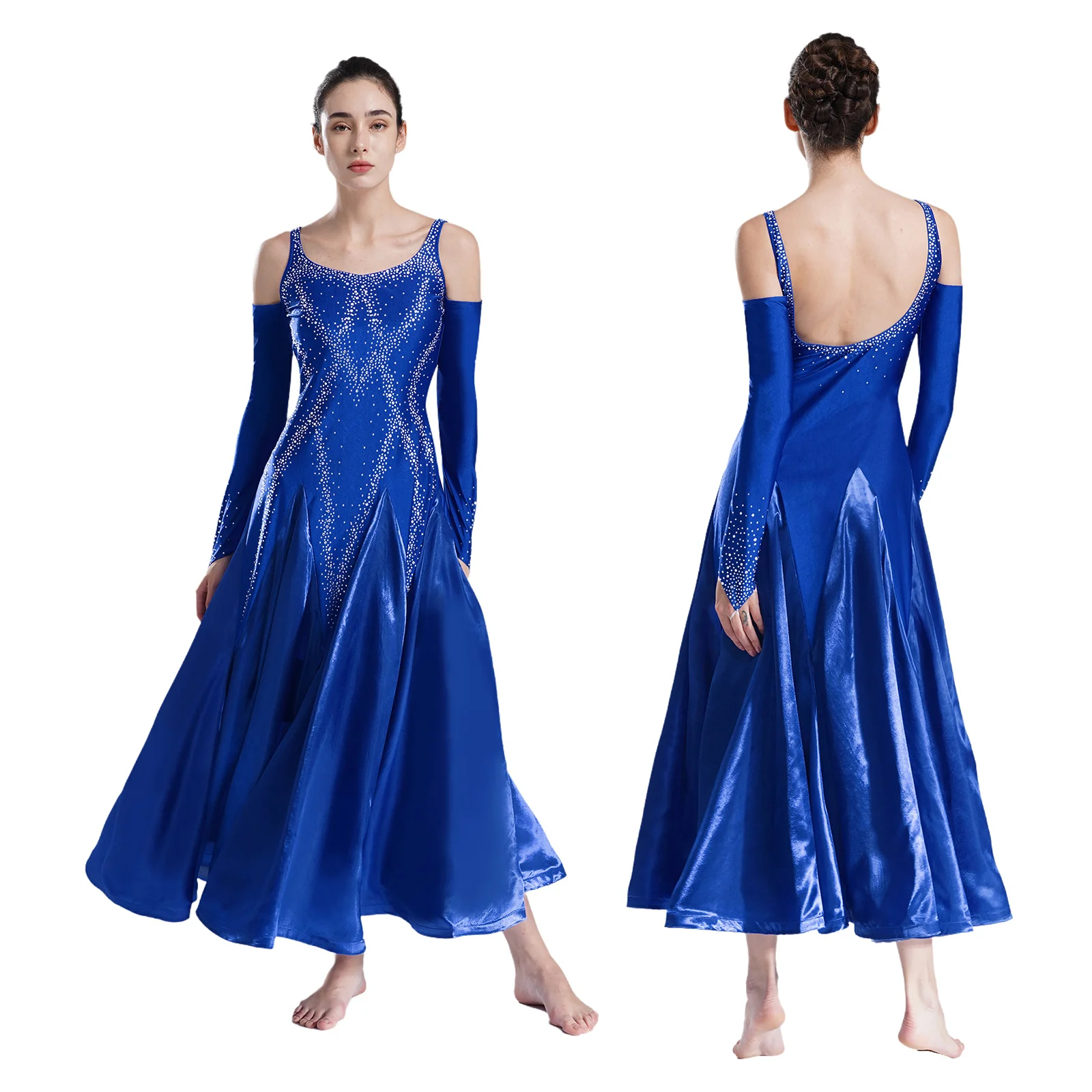 

Womens Modern Lyrical Dance Dress Rhinestones Cold Shoulder Wide Hemline Flared Dress Ballroom Dancing Waltz Performance Costume