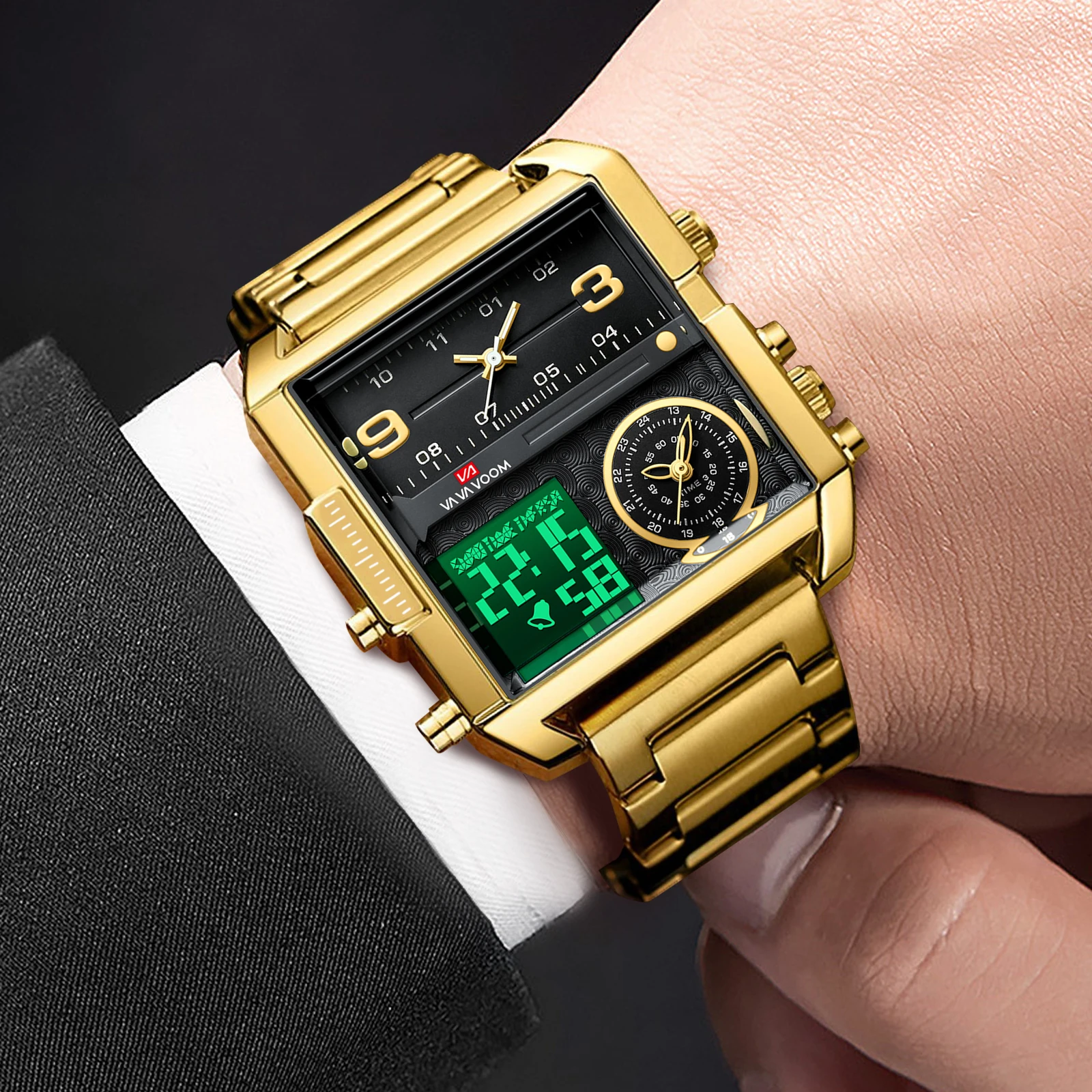 2025 New Men Watch Fashion Electronic Timing Watch LED Quartz Movement Stainless Steel Mesh Belt Luxury Gold Business Man Watch