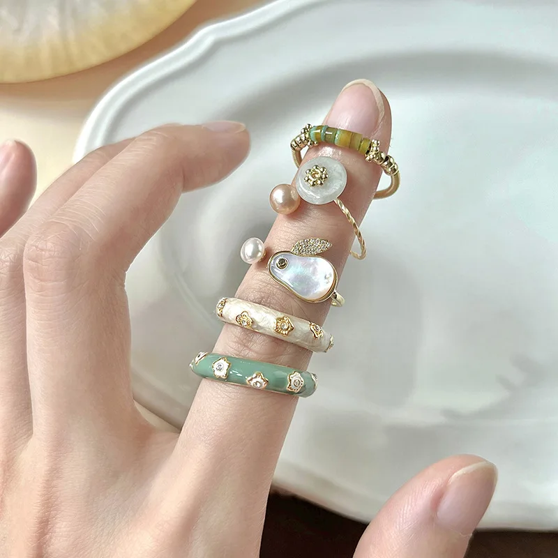 925 Sterling Silver plated  Rabbit Pearl Enamel Glaze Ring for Women Girl Gift Crystal Green Flower Gold Jewelry Dropshipping