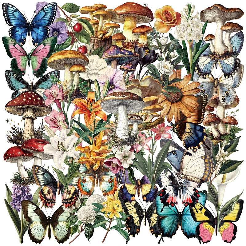 50PCS Retro Forest Mushroom Butterfly Graffiti Sticker Stationery Helmet Guitar Diary Water Bottle Transparent Waterproof Decals