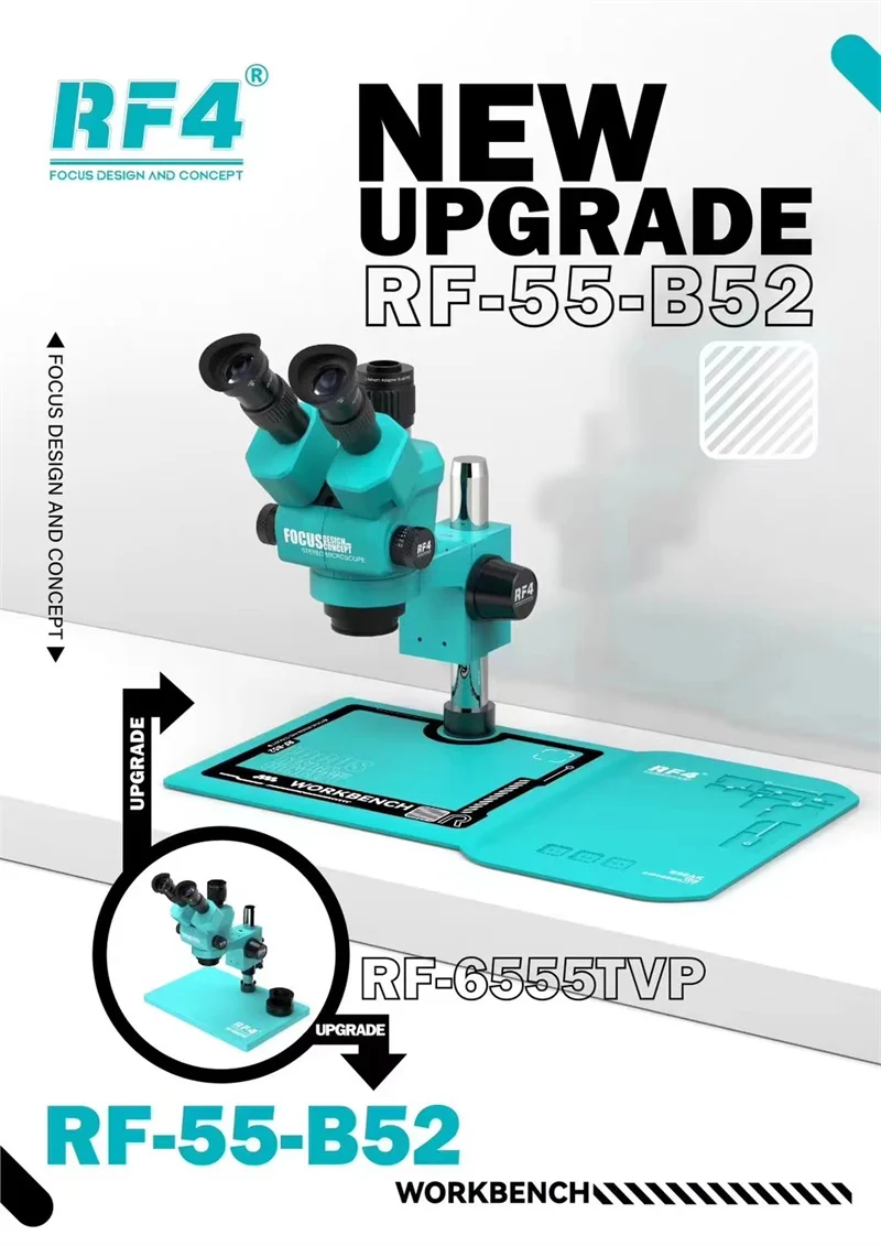 

RF4 RF-55-B52 6.5-55X Trinocular Stereo Microscope Dustproof Big Base Cell Phone Repair Training Phone Repair RF6555TVP Upgrade