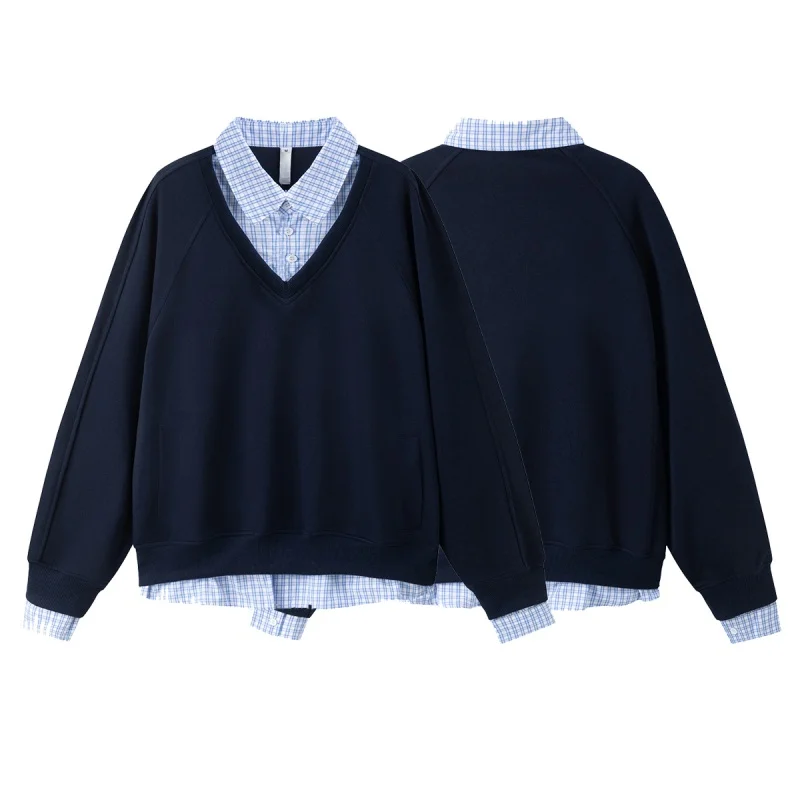 

Navy Blue Y2K Patchwork Womens Sweatshirt Layered Look Design Turndown Collar Long Sleeve Casual Harajuku Streetwear Sweatshirts