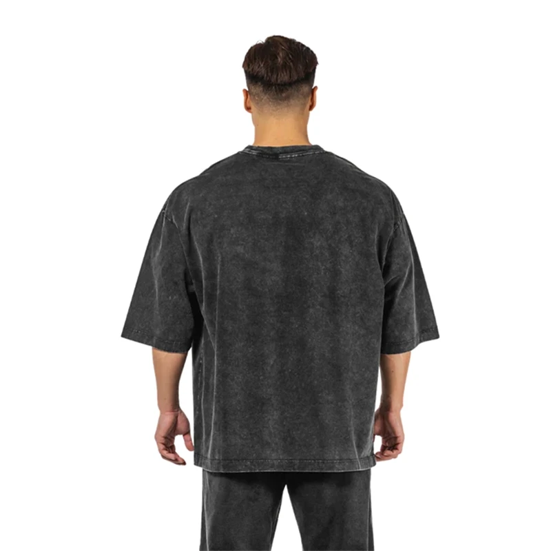 Washed T-Shirt 230G 100Cotton Solid Oversized Loose Fitness Mens Tee Tops Dropped Shoulders Short Sleeve Gym Bodybuilding Shirts image 2