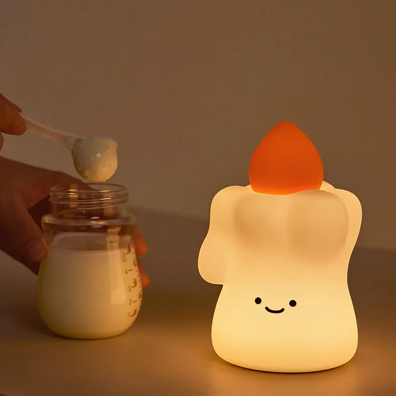 Adorable Candle-Shaped Silicone Night Light USB Rechargeable Soft Glow Lamp Touch Dimming Bedside Lamp for Kids Baby Nursery