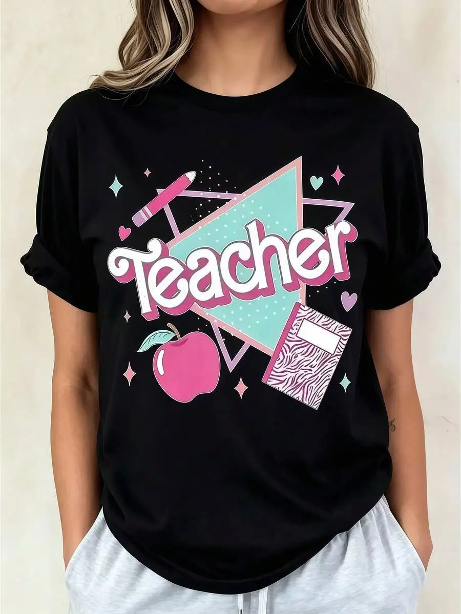 Women Crew Neck Short Sleeve T‑Shirt Teacher Apple Graphic Print Black Summer Casual Tops