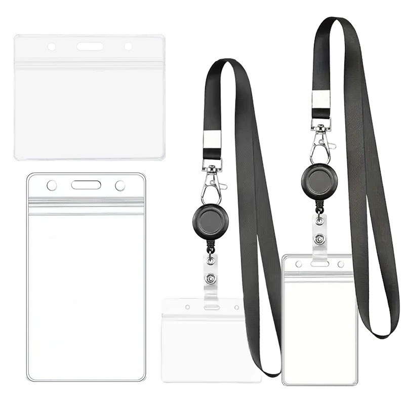 2PCS/Pack ID Card Protector Transparent Waterproof PVC Card Sleeve with Retractable Hanging Rope Home School Office Supplies ZYF