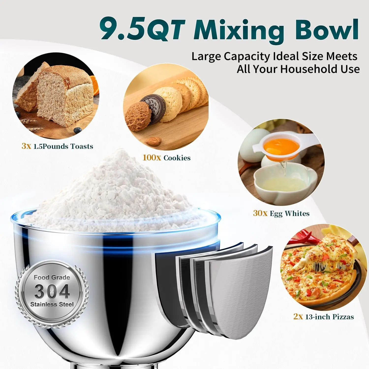 خلاط كيتشن إيد بسعة 9.5 لتر 660 وات مع خطافات عجين ومضارب آمنة للاستخدام في غسالة الأطباق للخبز والطبخ