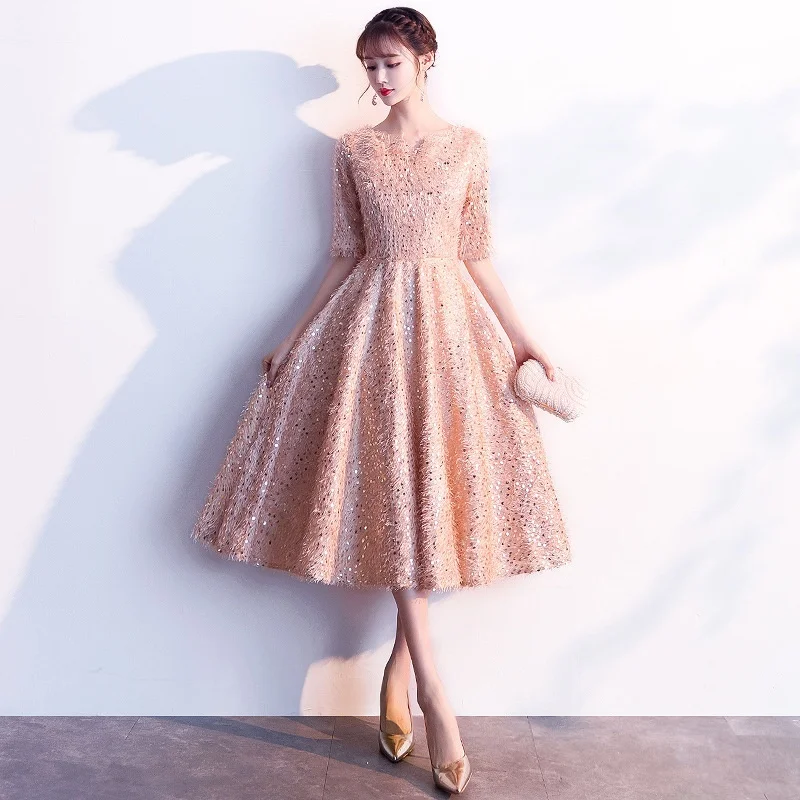 

Золотистое женское платье средней длины Dr Ele Slimming Par для банкетов и торжеств, с завышенной талией, А-силуэт