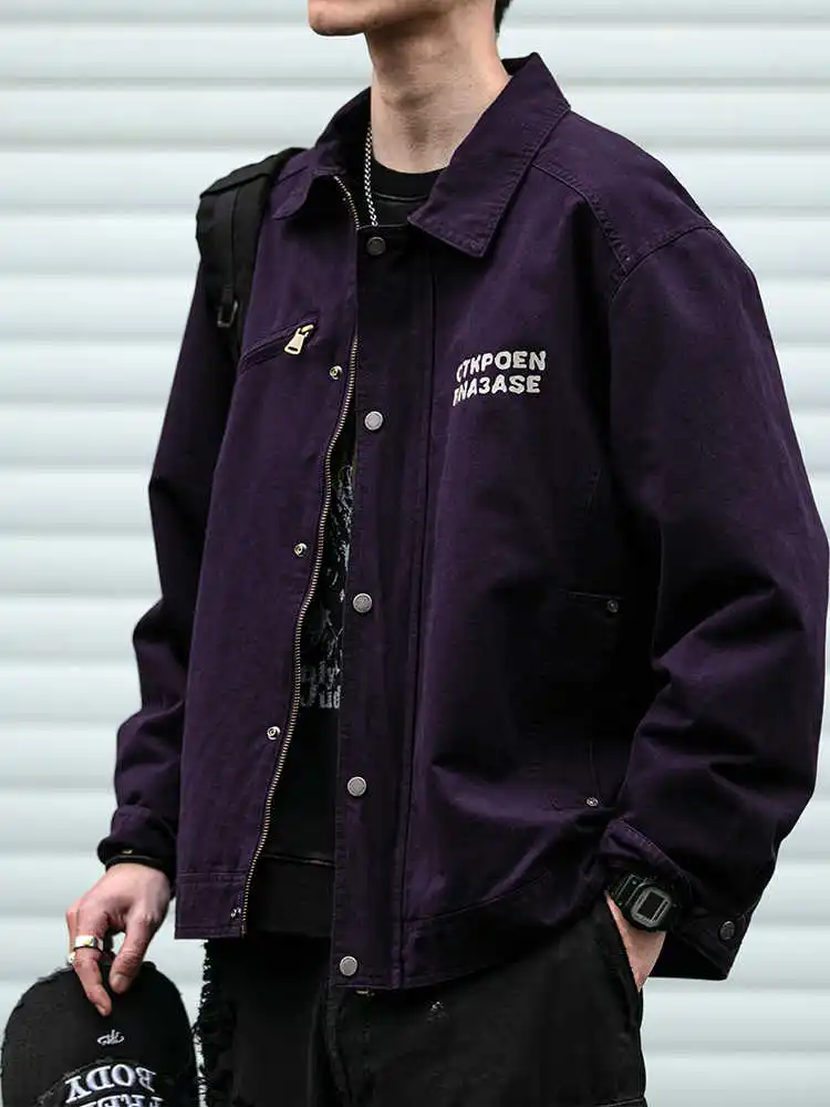 American Vintage Work Jacket For Men Washed Turn-Down Collar Spring Fall Letter Print Patch Oversized Coat Trendy Plus Size