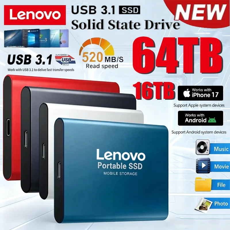 

Высокоскоростной внешний SSD-накопитель Lenovo 64 ТБ, портативный твердотельный накопитель 2 ТБ, внешний жесткий диск 4 ТБ для ноутбуков/Mac/ПК/телефонов