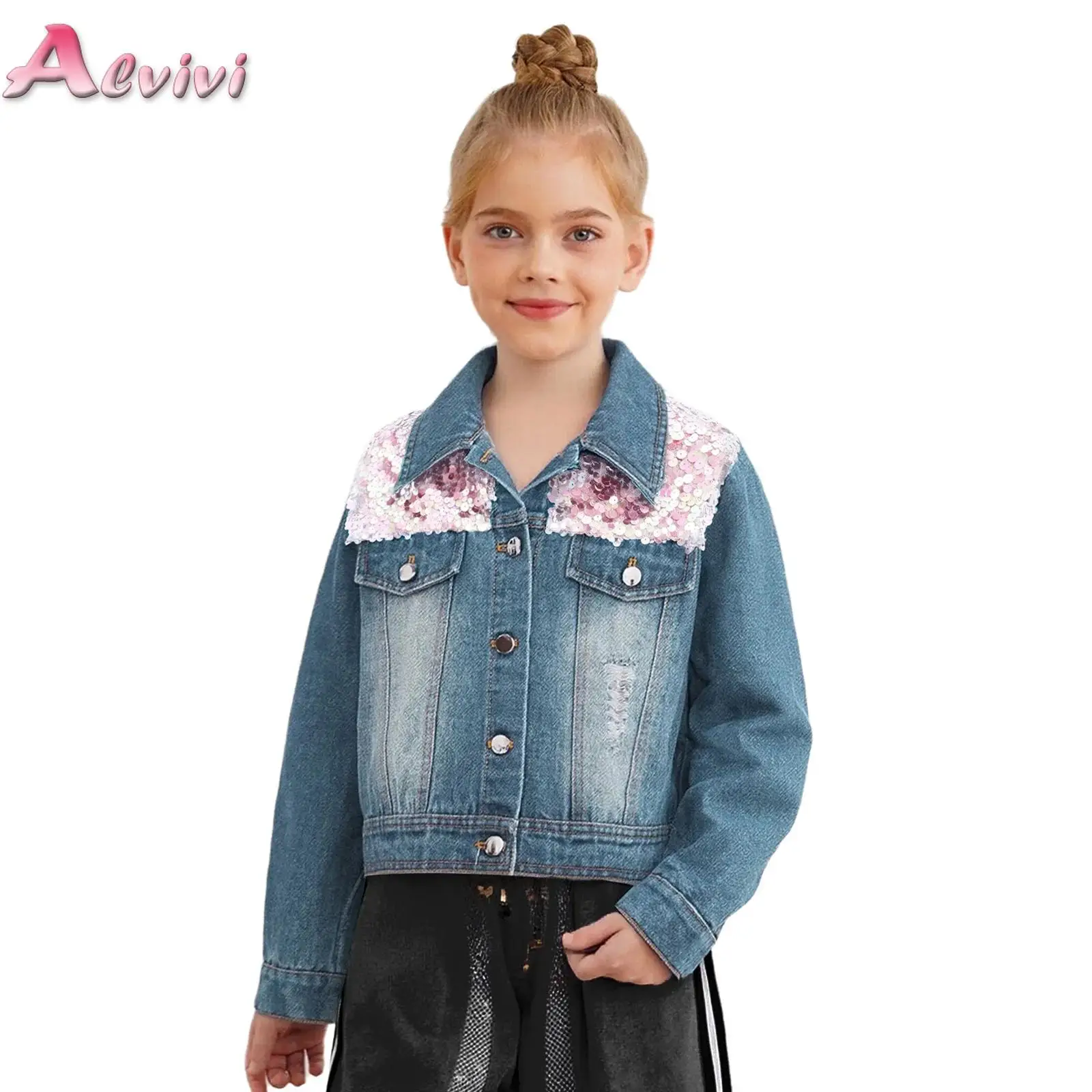 

Big Girls Shiny Sequins Ripped Denim Jacket Turn-Down Collar Long Sleeve Buttons Coat Outerwear Kids Fashion Spring Streetwear