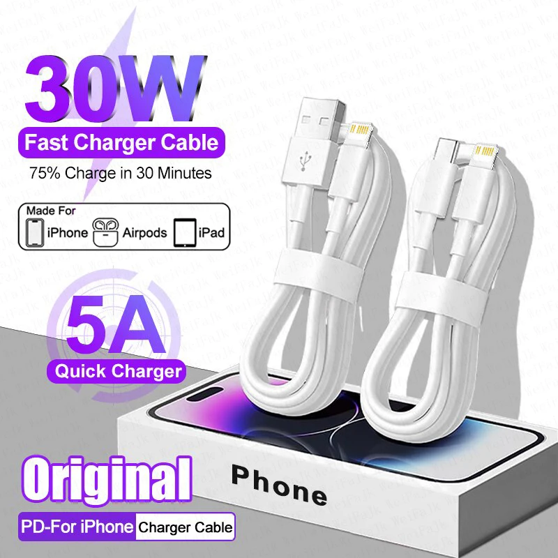 Apple 30 Вт быстрое зарядное устройство USB-кабель типа C Lightning для iPhone 15 14 13 12 11 Pro Max Mini 8 Plus XR XS кабель для быстрой зарядки и передачи данных Аксессуары
