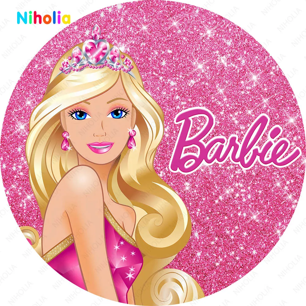 Barbiee Backdrop Princess Girl The First Birthday Party Cylinder Cover Pink Decoration Photo Background Round Baby Shower Props