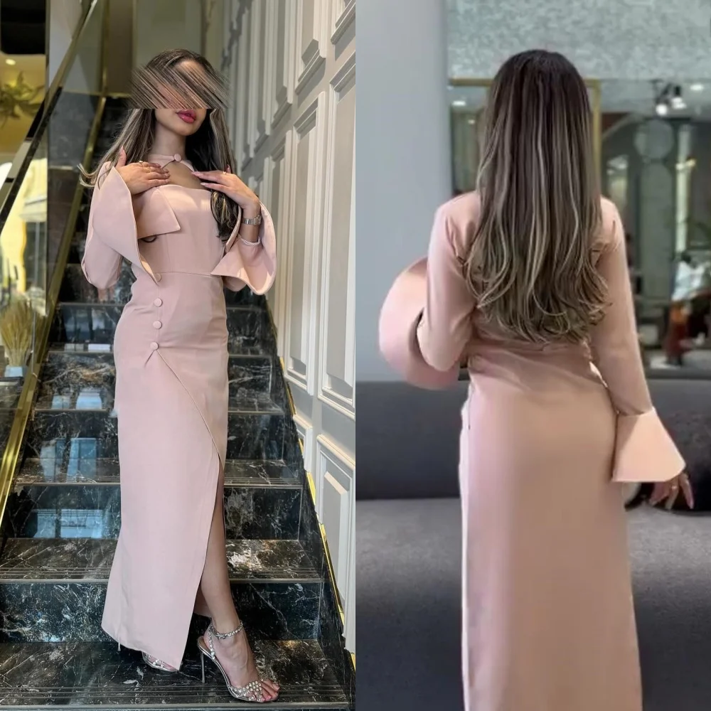 

Customized Jersey Button Ruffles Pleat Quinceanera Sheath O-Neck Bespoke Occasion Gown Midi Dresses Saudi Arabia Evening