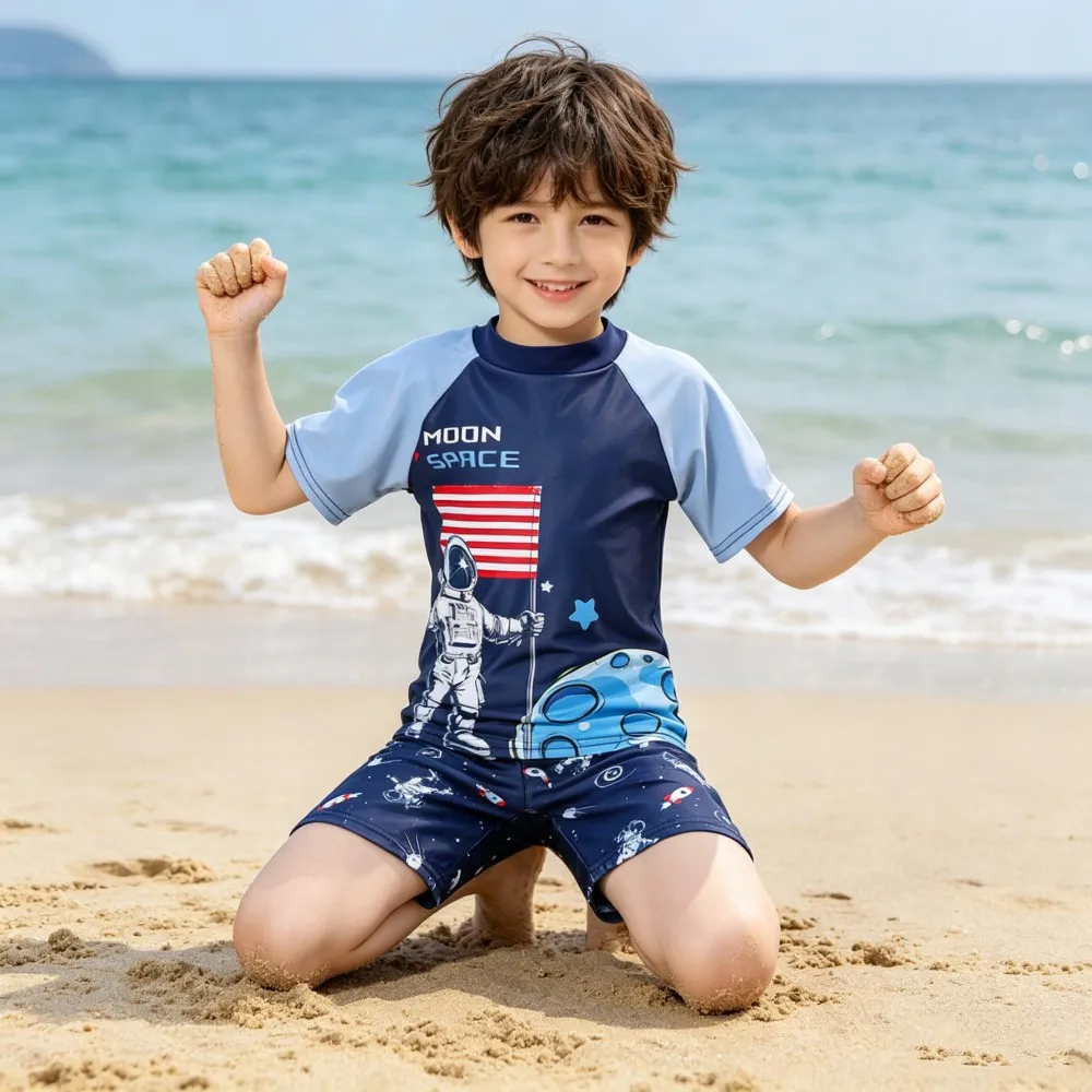 Summer Boys Swimwear With Hat Kids Dinosaur Shark Print Swimsuits Quick Dry Bathing Suits Baby Beach Clothes Rash Guard Sets