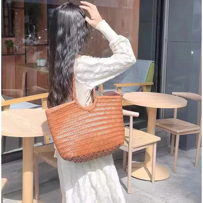 Top Handbag Female Genuine Cowskin Woven Handmade Cotton Inner Bag Inside Travelling Shopping Big Quality