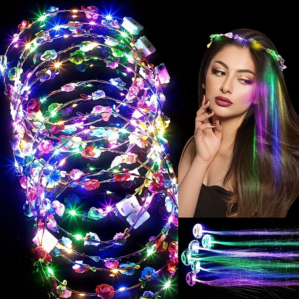 12pcs Glow in The Dark Party Supplies 4pcs LED Flower Crown Headbands + 8pcs LED Light Up Fiber Optic Hair Barrettes Clip