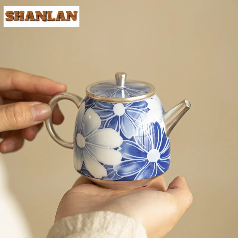 

170ml Jingdezhen Blue And White Teapot Handmade Porcelain Body Gilded Silver Pot Chinese Tea Making Kettle Teaware Collection