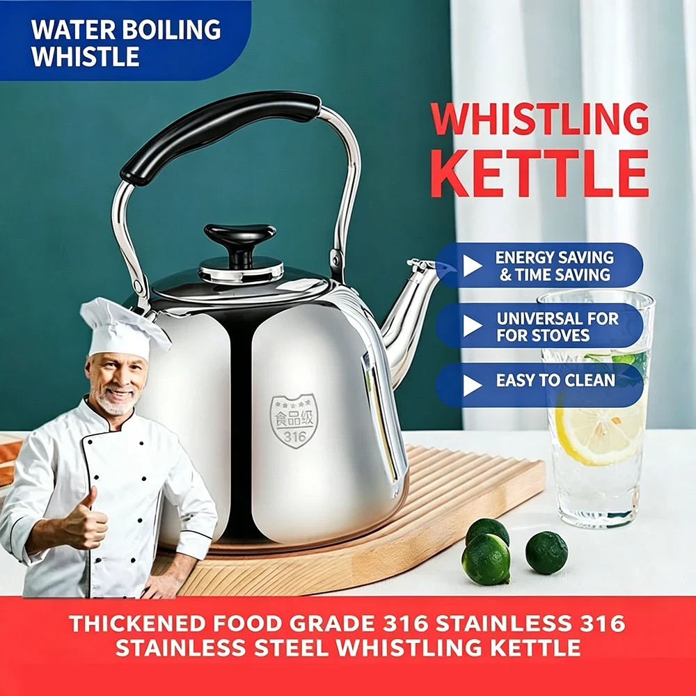 

316 Stainless Steel Whistling Kettle, Large Capacity Teapot for Home Restaurant, Universal for Induction Cookers Gas Stove,3-4L