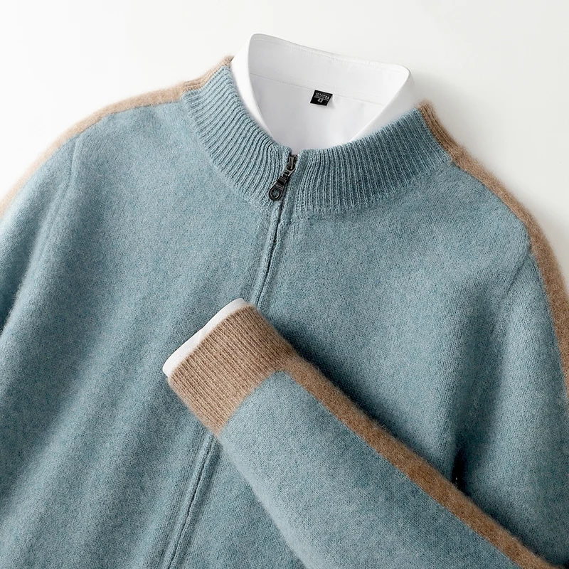 Autumn Winter New Half-High-Necked Zipper Color Matching Pure Wool Cardigan Men's Loose Leisure Business Sweater Knitted Coat