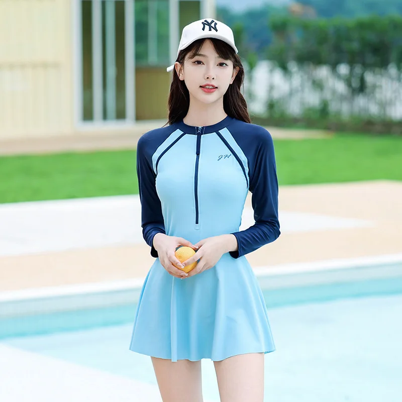 Swimsuit Women Long Sleeves One Piece Modest Swimwear Swim Skirt Hot Spring Swimming Suit Boxer Bottom Beachwear