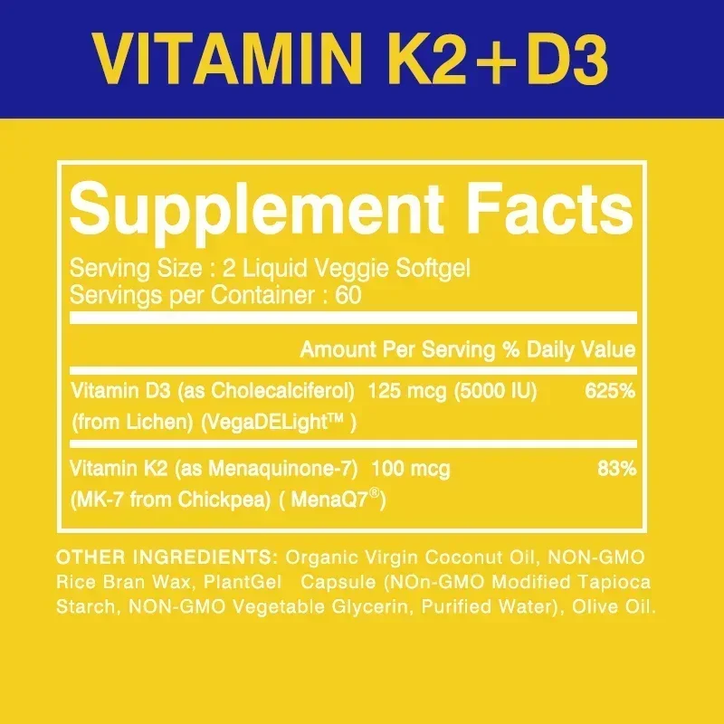 Vitamin K2+D3 - with Natural Organic Coconut Oil - Supports Calcium, Bone and Immune Health