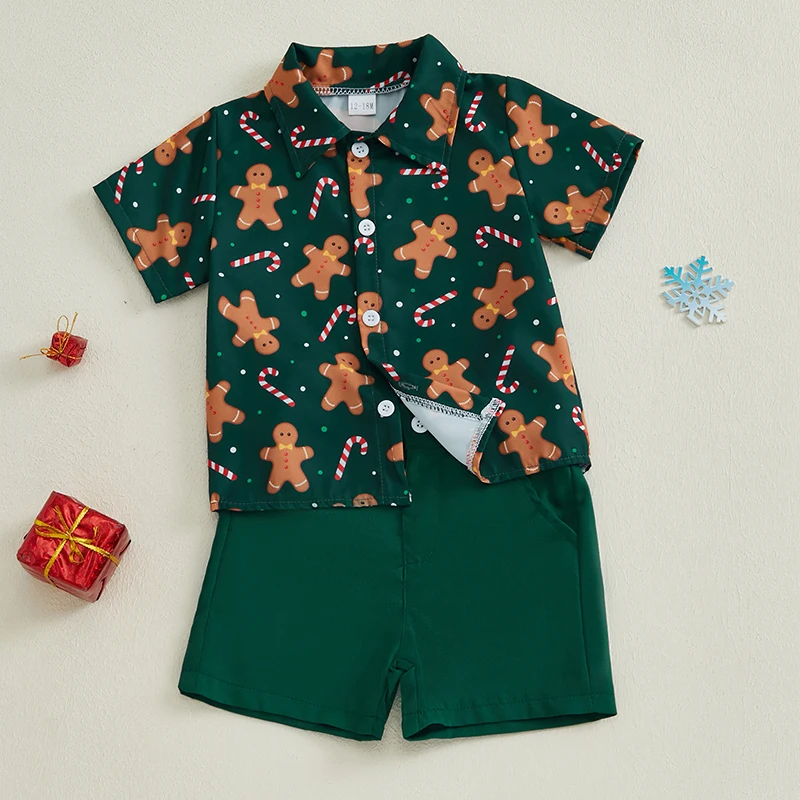 Weihnachtsset für kleine Jungen, Weihnachtsmann, Knopfleiste, kurze Ärmel, Reverskragen, Tops, Shorts, Outfit – Detail 3