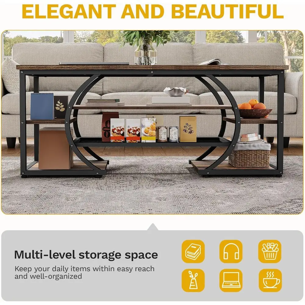 Industrial Style 5-Tier Rectangular Coffee Table with Storage Shelf, Brown Wooden Centerpiece for Living & Reception Rooms