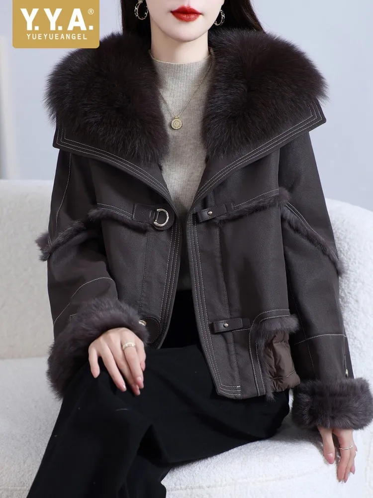 

Women Winter Warm Goose Down Jacket Rabbit Fur Spliced Loose Fit Office Ladies Work Overcoat Elegant Fox Fur Collar Outwear Coat