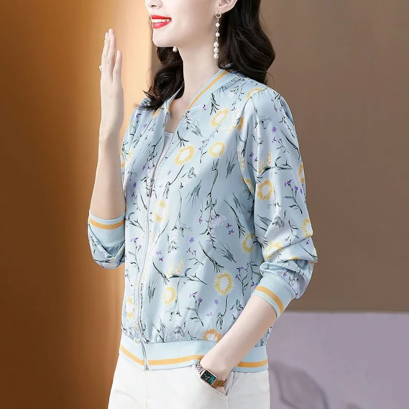 Women's Lightweight Floral Print Silk Thin Silk Cardigan Outerwear For Women Moms Uv Top