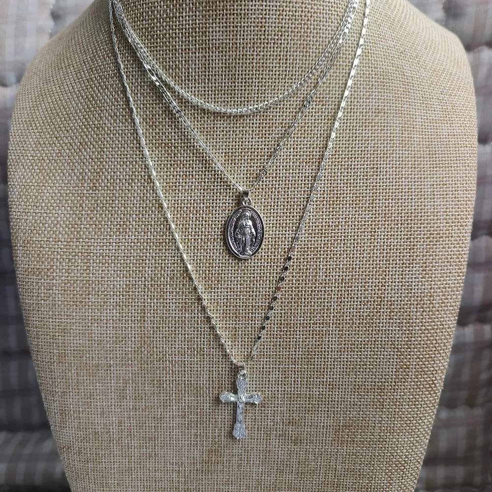 Three layer Necklace Oval-shaped Virgin Mary Madonna Pendant Jesus Cross  metal plated Chain Women Gift