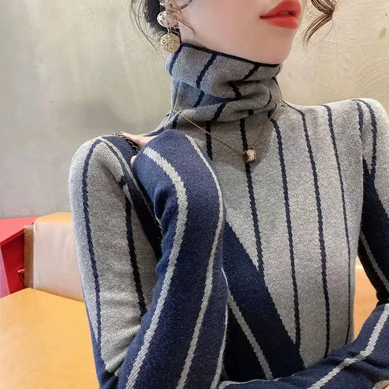 Women Turtleneck Spliced Striped Sweaters Early Spring Vintage Y2k Fashion Soft Comfortable Knitted Pullover Elasticit Knitwear