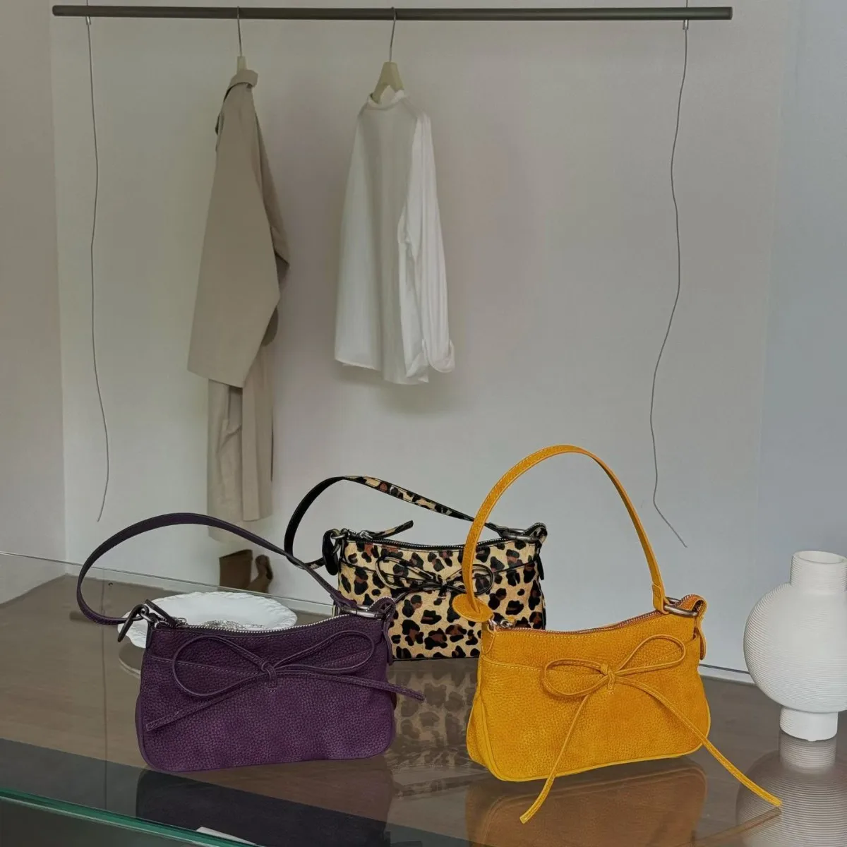 

FIRMRANCH 2026 Premium Genuine Leather Horsehair Leopard Print Bowknot Design Women's Shoulder Underarm Crossbody Bag Chic Purse