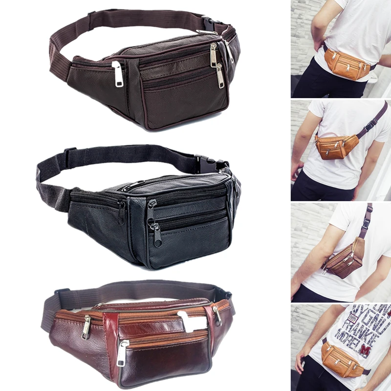 Men Leather Waist Bag Multi-Pocket And Multiple Zipper Belt Bag Adjustable Belt Fanny Pack Shopping Phone Bags