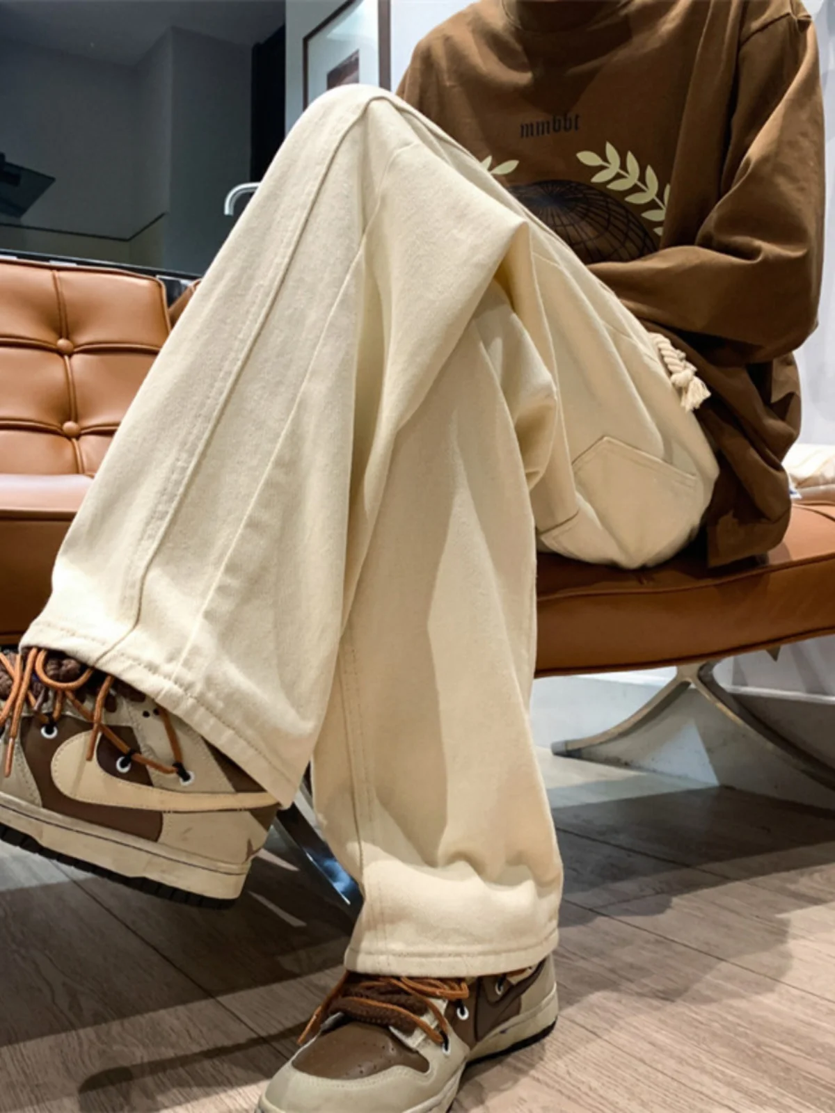 

Trendy Brand Oversize Straight Leg Jeans Men's Casual Workwear Khaki Color American Retro Sle Loose Fit Long Pants