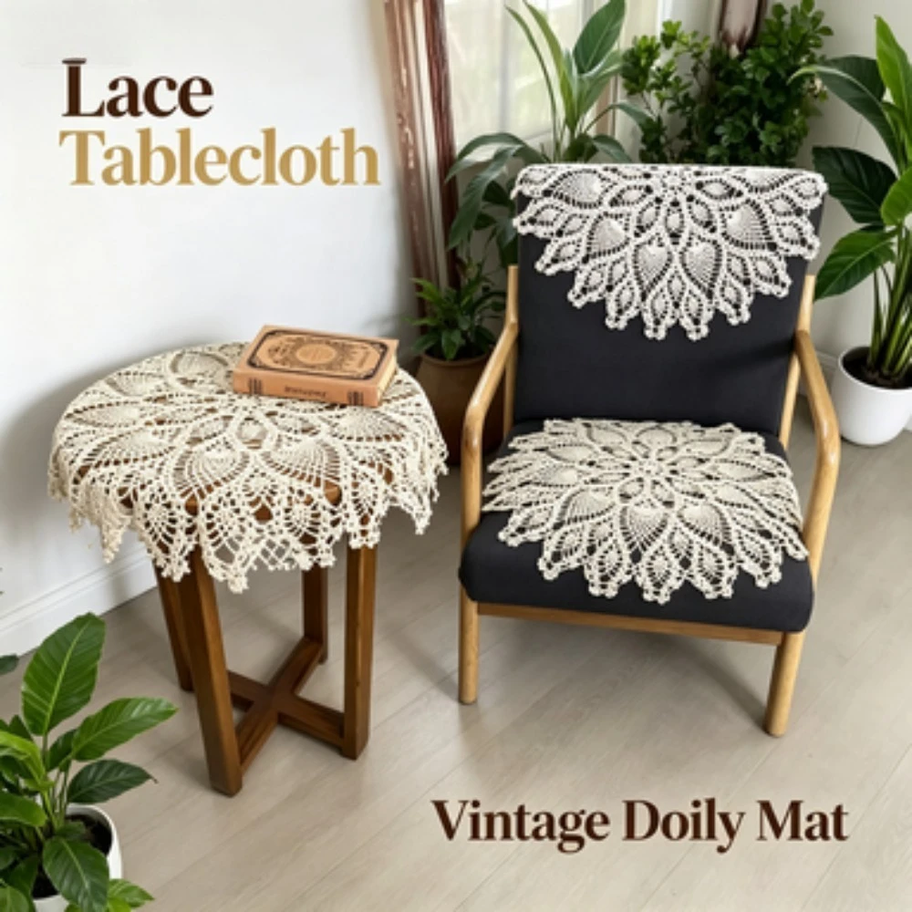Hand Crocheted Cotton Tablecloth 60CM Vintage Lace Placemat Floral Cover Lampshade Sofa Cabinet Home Decoration Wedding Party