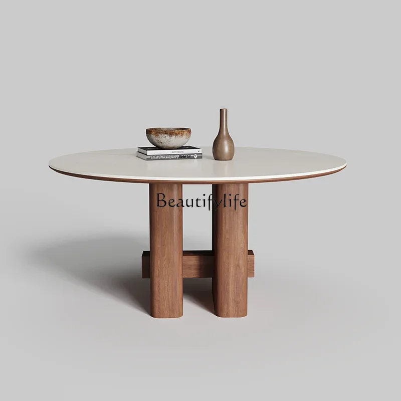 

yj32 Retro solid wood travertine dining table round with turntable household modern simple rock slab round dining table