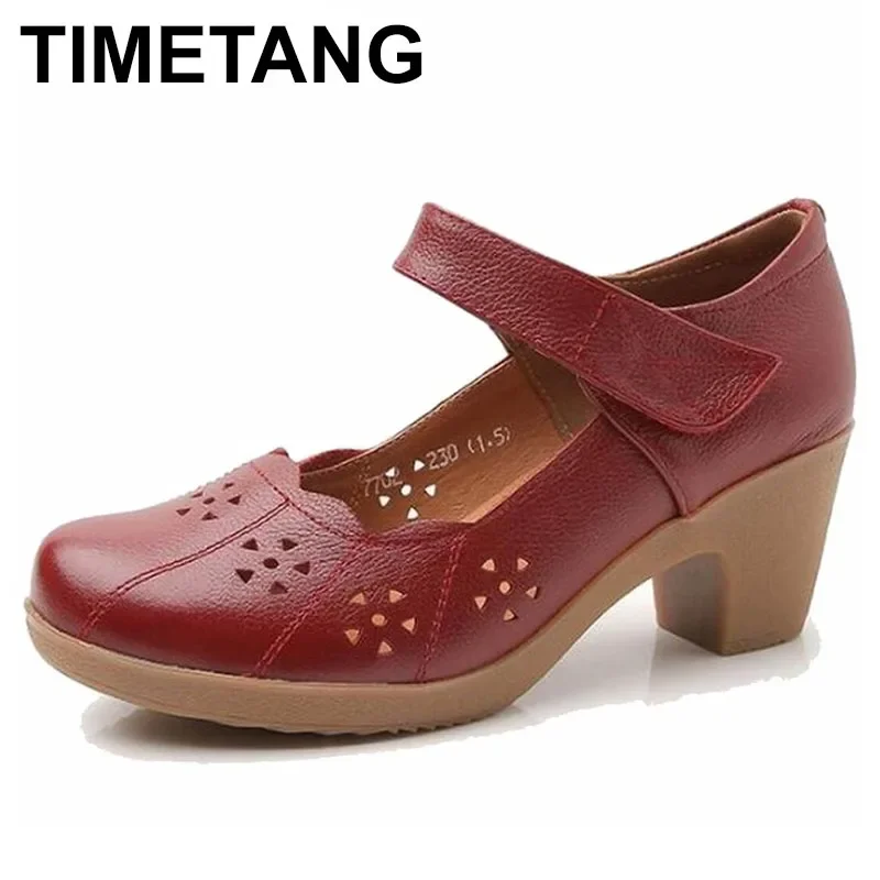 TIMETANG   Spring Autumn Shoes Woman 100% Genuine Leather Women Pumps Lady Leather Round Toe Platform Shallow Mouth Shoes