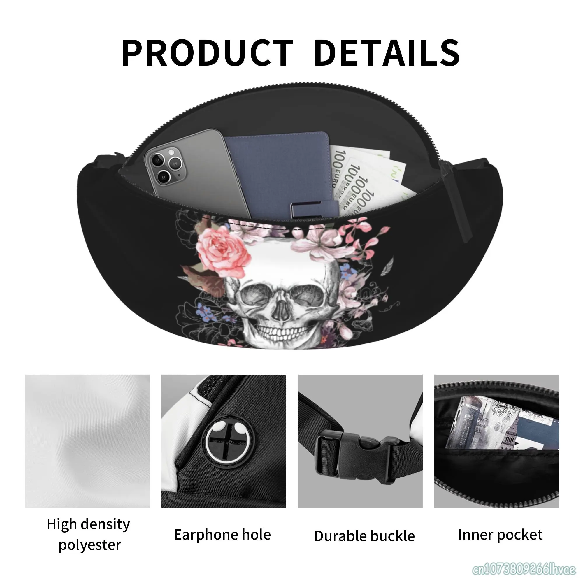 Vintage Grunge Gothic Skull Roses Floral Large Fanny Pack Belt Bag with Pockets for Running Hiking Travel Sport Waist Pack Bag