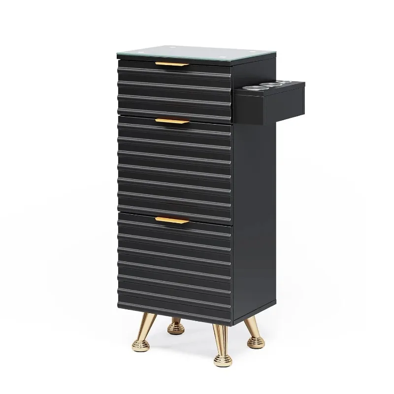 Professional Salon Station Tempered Glass Top 3 Drawers Heat Resistant Hair Stylist Barber Storage Cabinet Barbershop Furniture