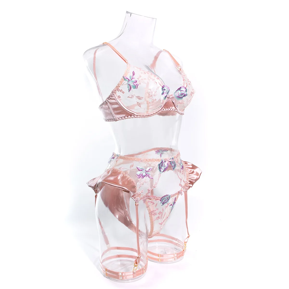 Lencería Sensual para mujer, ropa interior de seda transparente Floral elegante, liguero transparente, conjuntos exótico