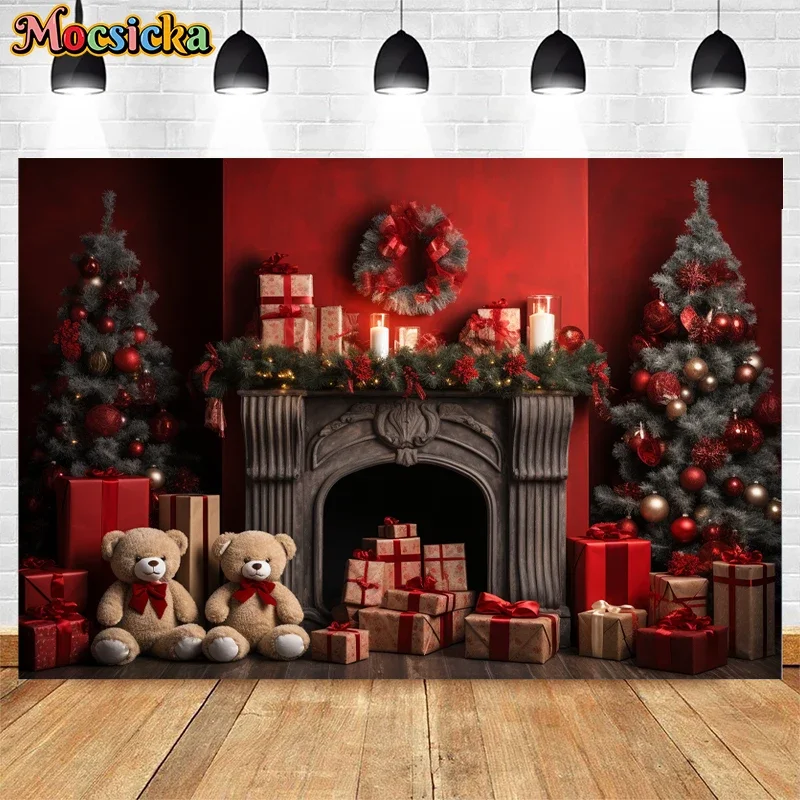 

Indoor Fireplace Christmas Tree Red Wall Decoration Kids Portrait Family Photo Background Xmas Party Studio Photography Backdrop