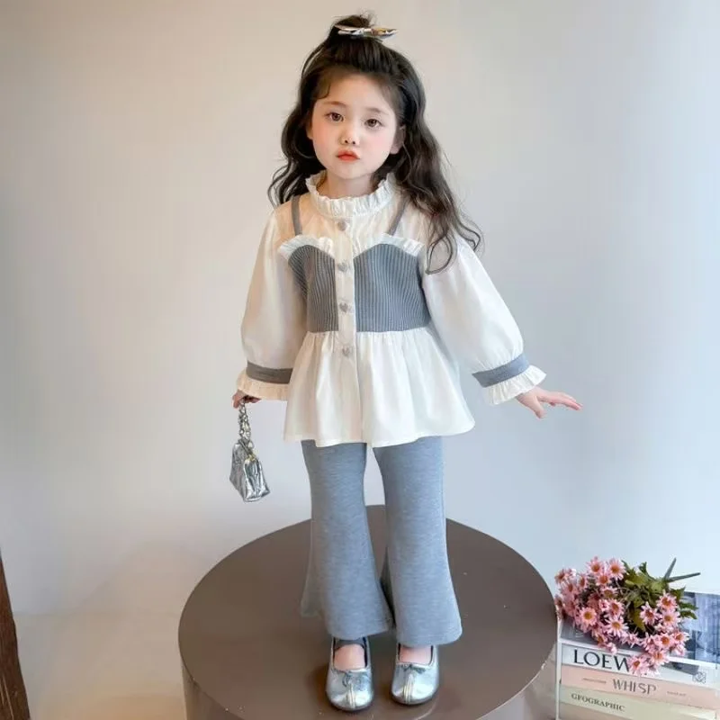 

2025 New Kids Fake Two Piece Shirt Flare Pants Outfit Spring Autumn Girls Lace Blouse Korean Fashion Trendy Set 90-140cm